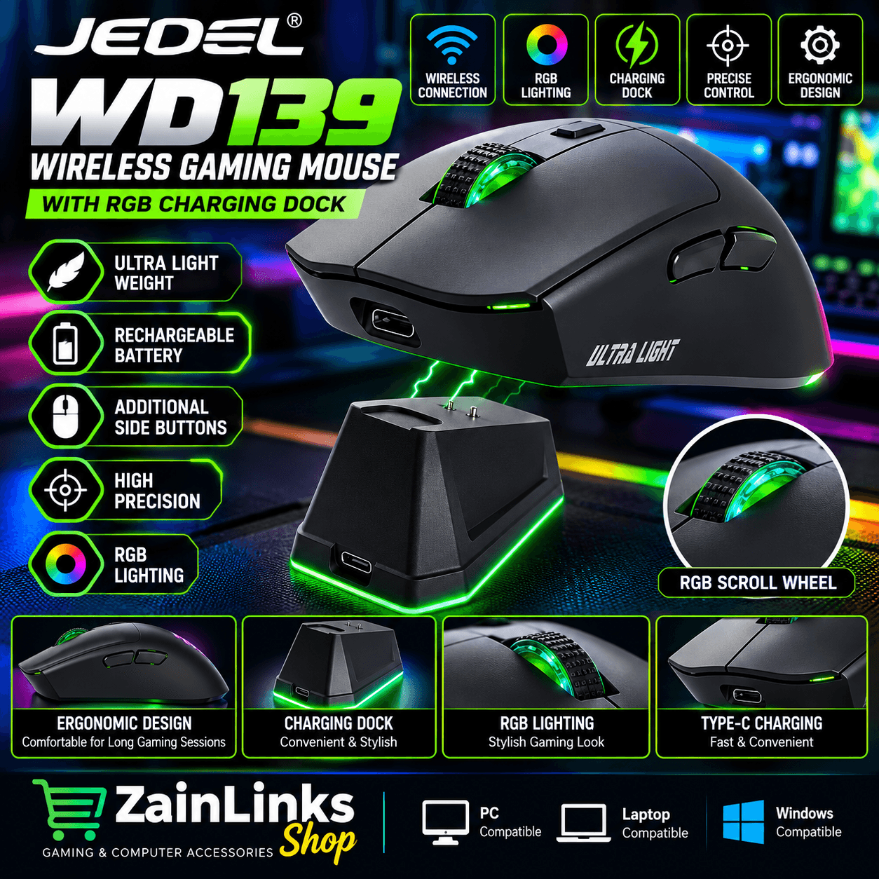 JEDEL WD139 Wireless Gaming Mouse with RGB Charging Dock 1