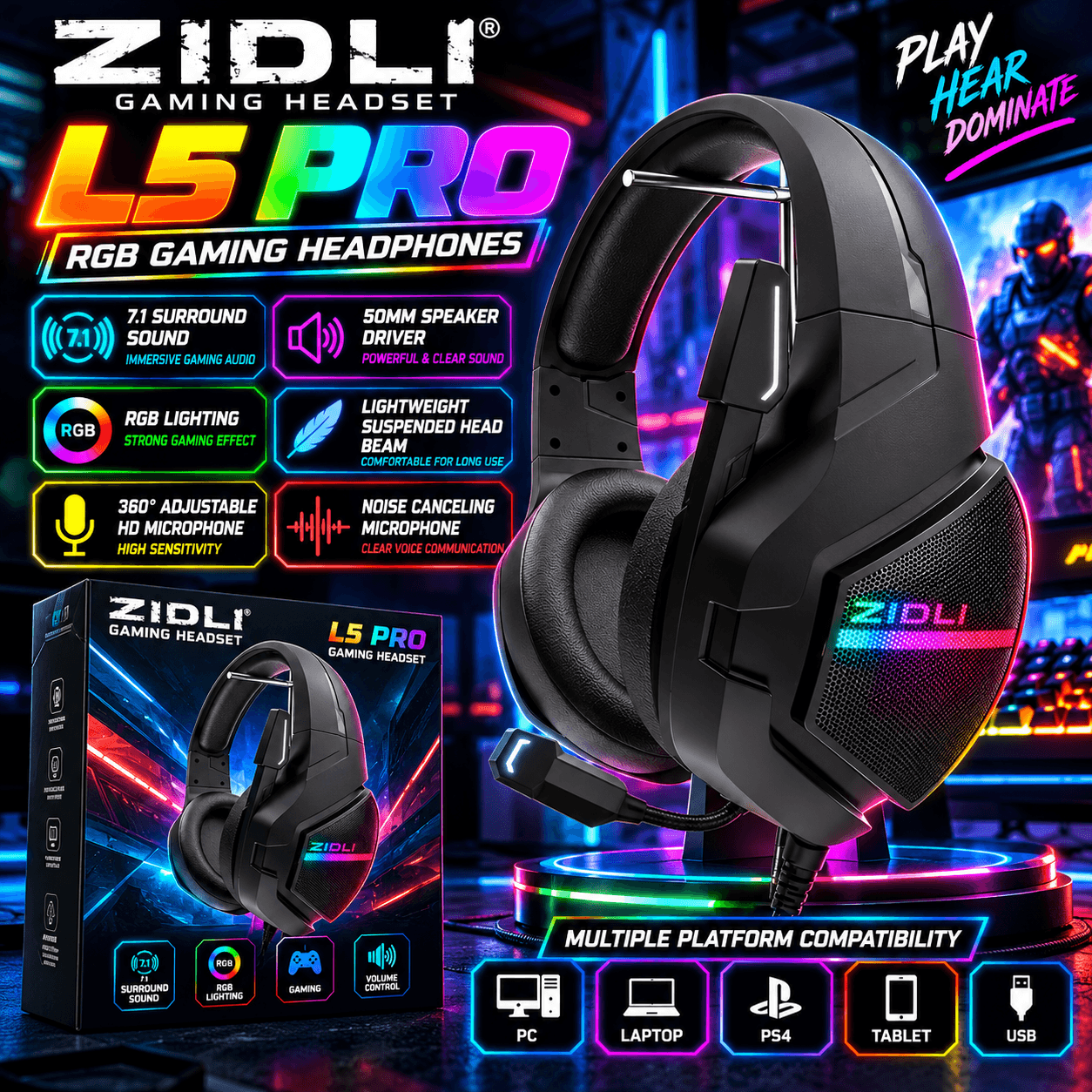 ZiDLi L5 PRO RGB Gaming Headset – 7.1 Surround Sound 1