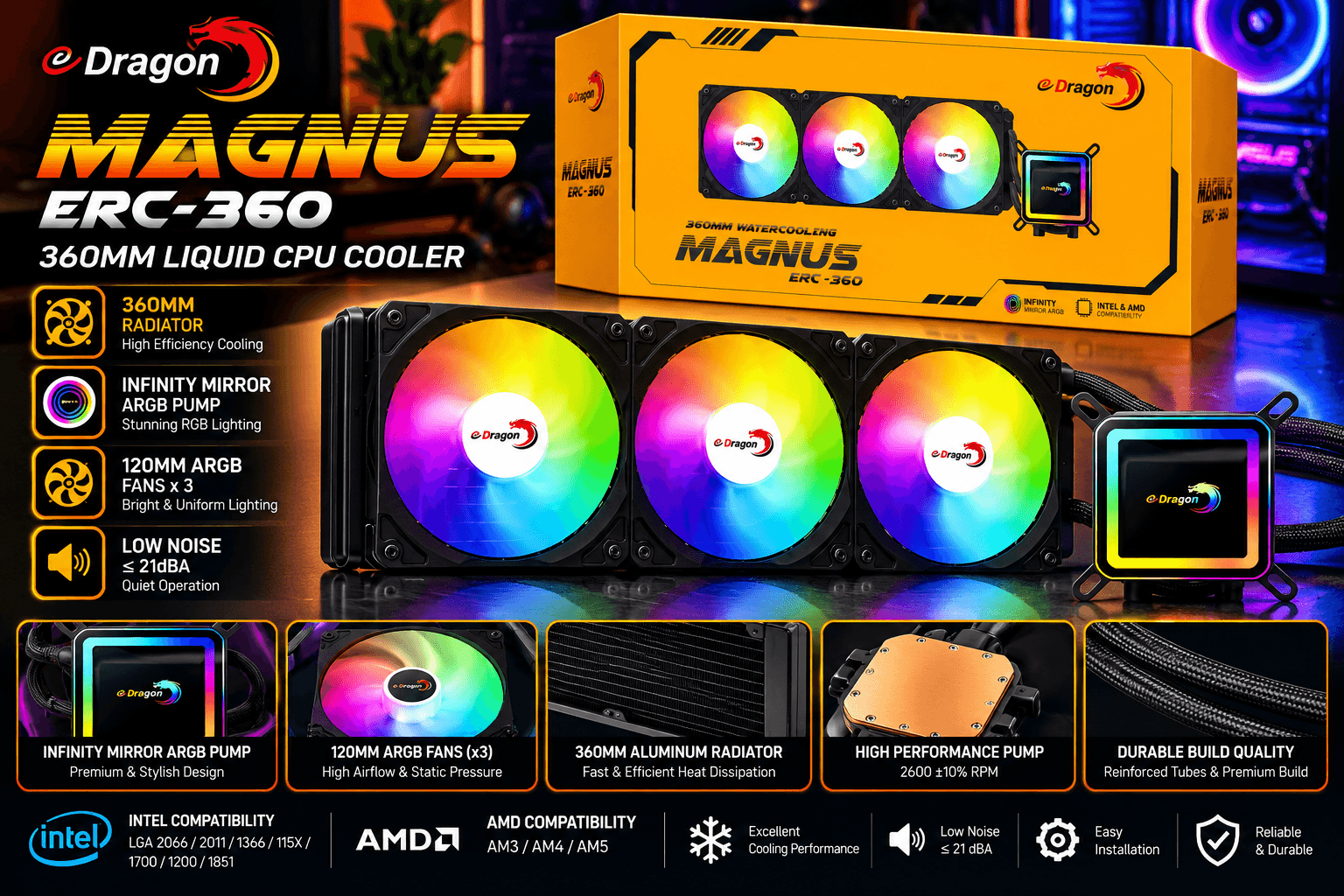 eDragon MAGNUS ERC-360 – 360mm ARGB Liquid CPU Cooler 1