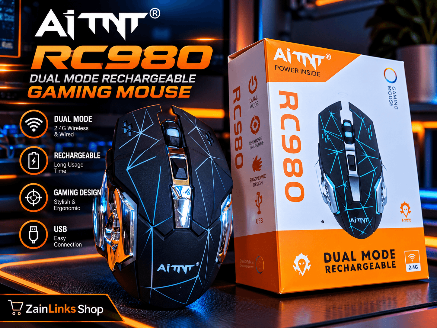 AITNT RC980 Dual Mode Rechargeable Gaming Mouse