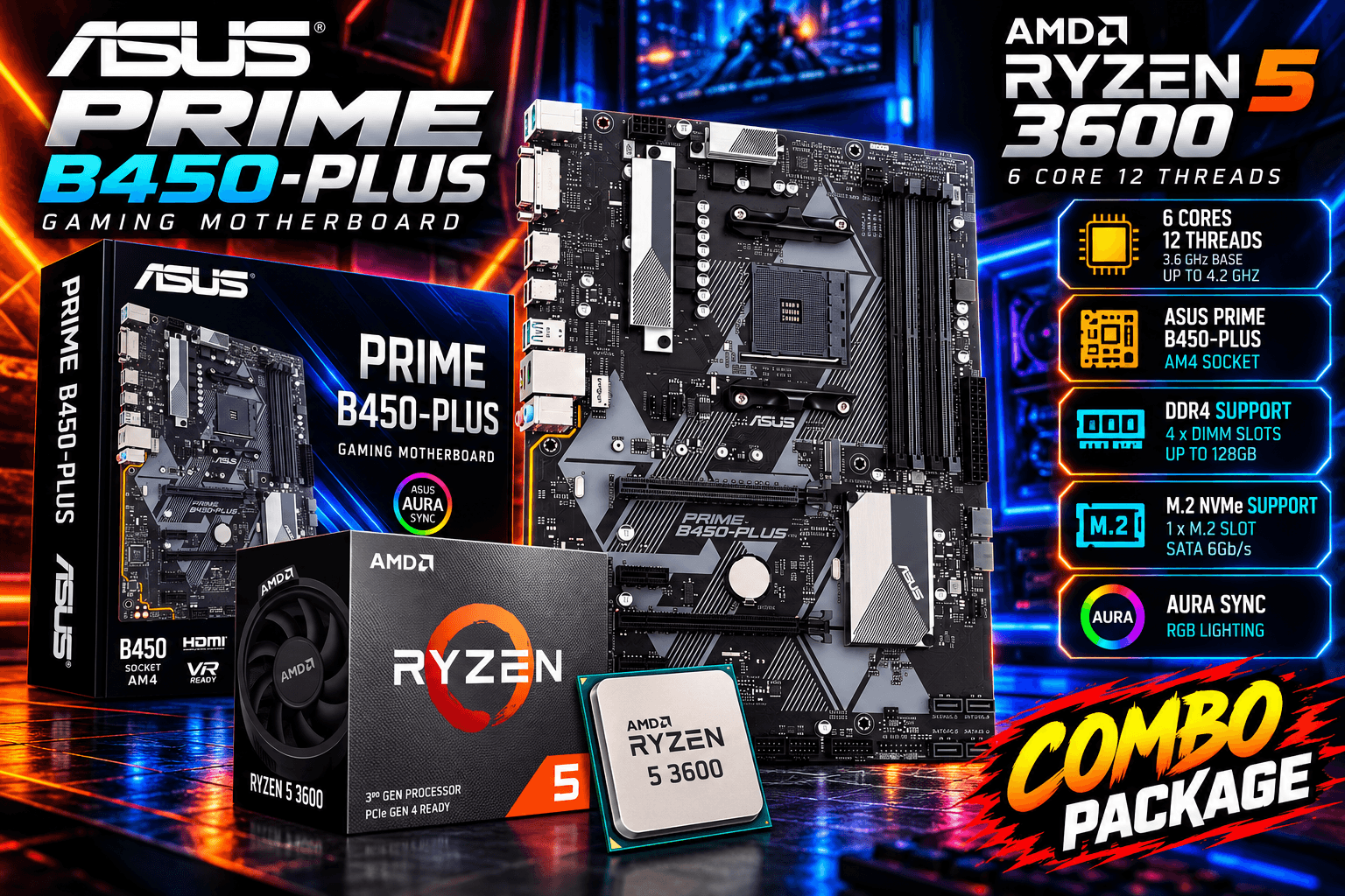 ASUS PRIME B450-PLUS Motherboard + AMD Ryzen 5 3600 Processor