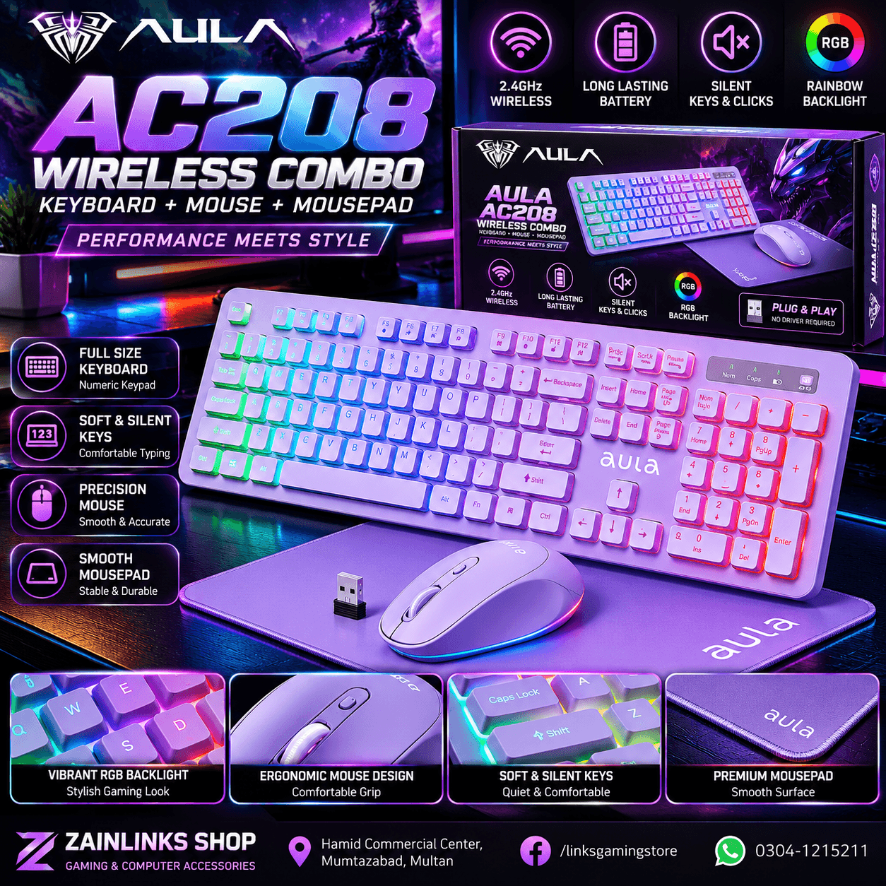 AULA AC208 Wireless Combo – Keyboard, Mouse & Mousepad