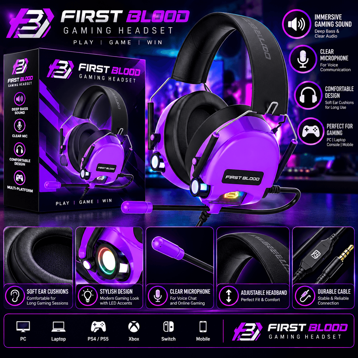 FIRST BLOOD Gaming Headset – Purple Edition