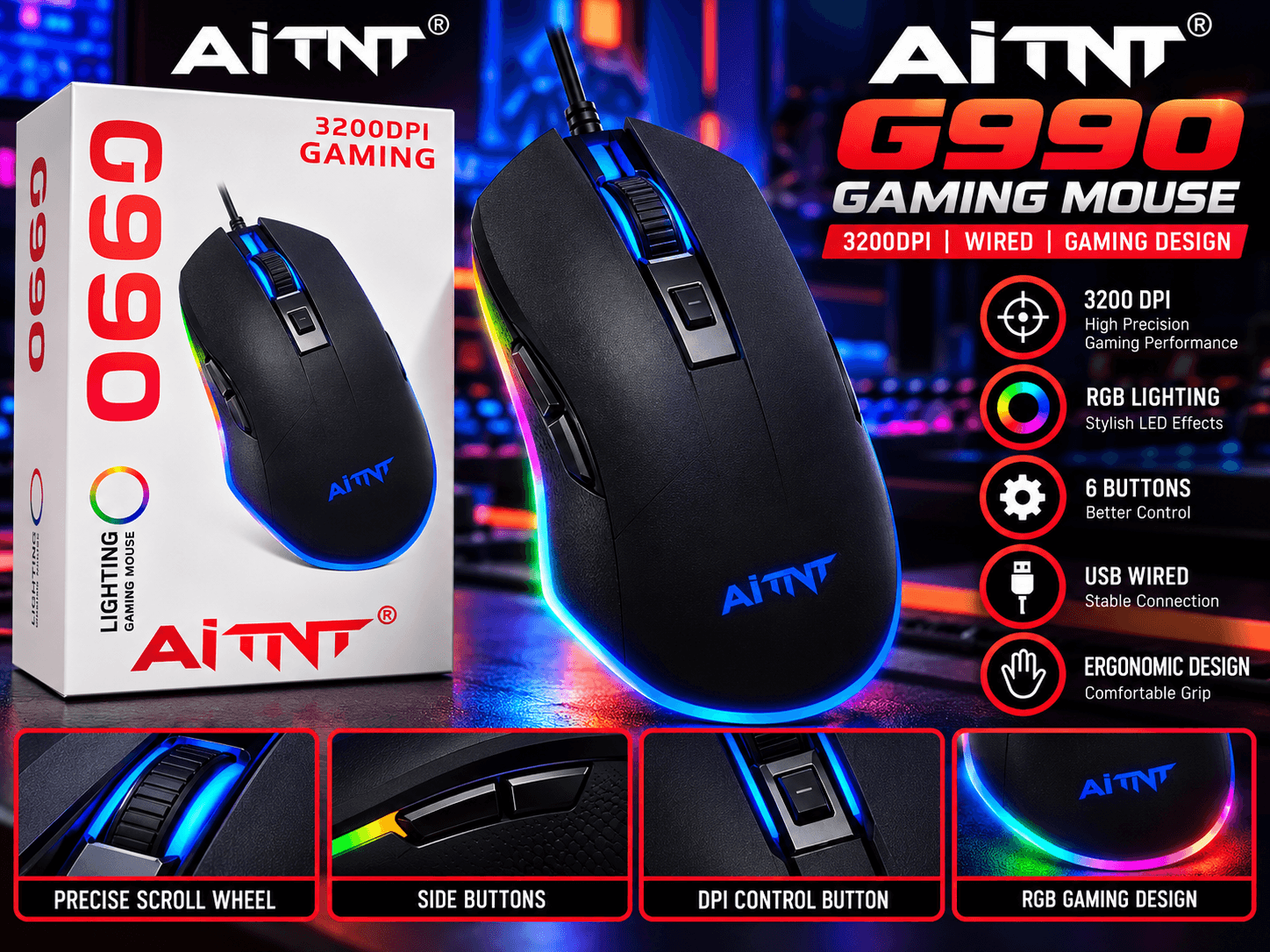 AiTNT G990 Gaming Mouse – 3200 DPI RGB Wired Mouse