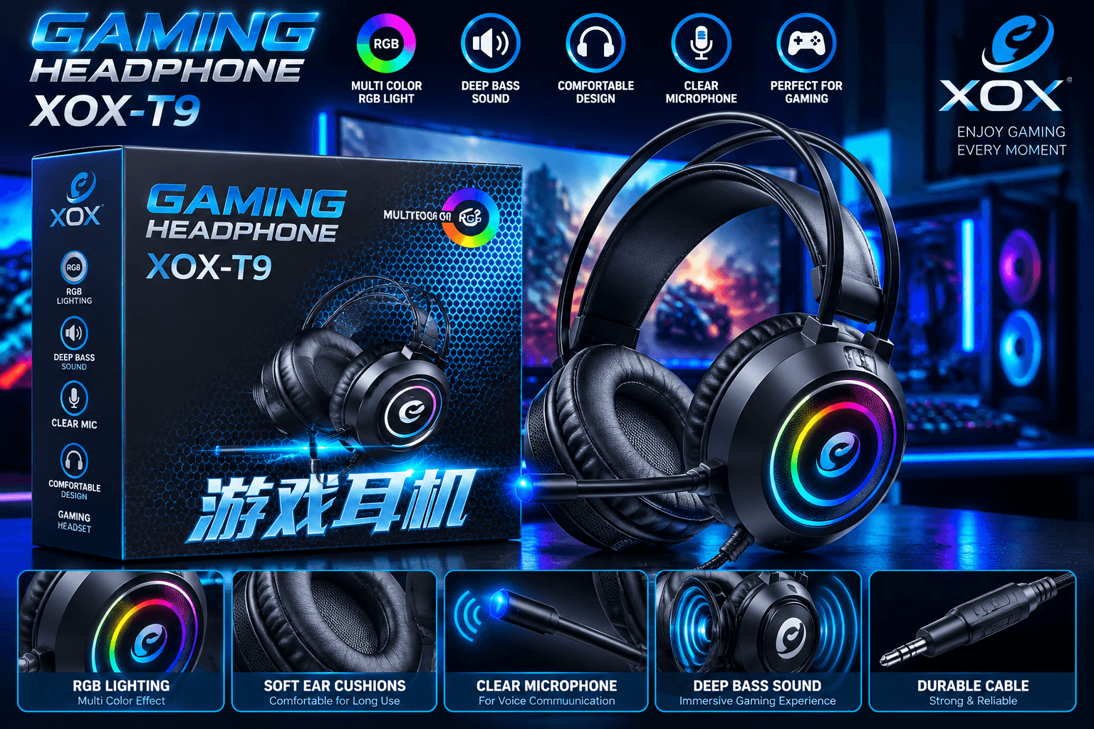 XOX T9 RGB Gaming Headset – Immersive Sound & Stylish Gaming Design