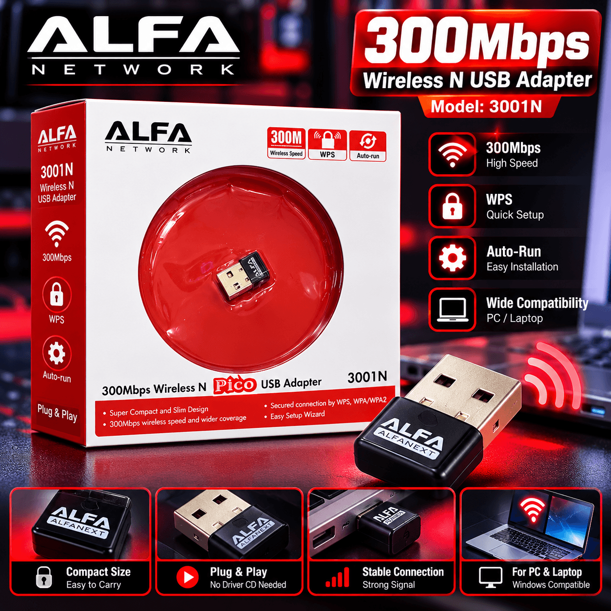 ALFA Network 3001N – 300Mbps Wireless N USB WiFi Adapter