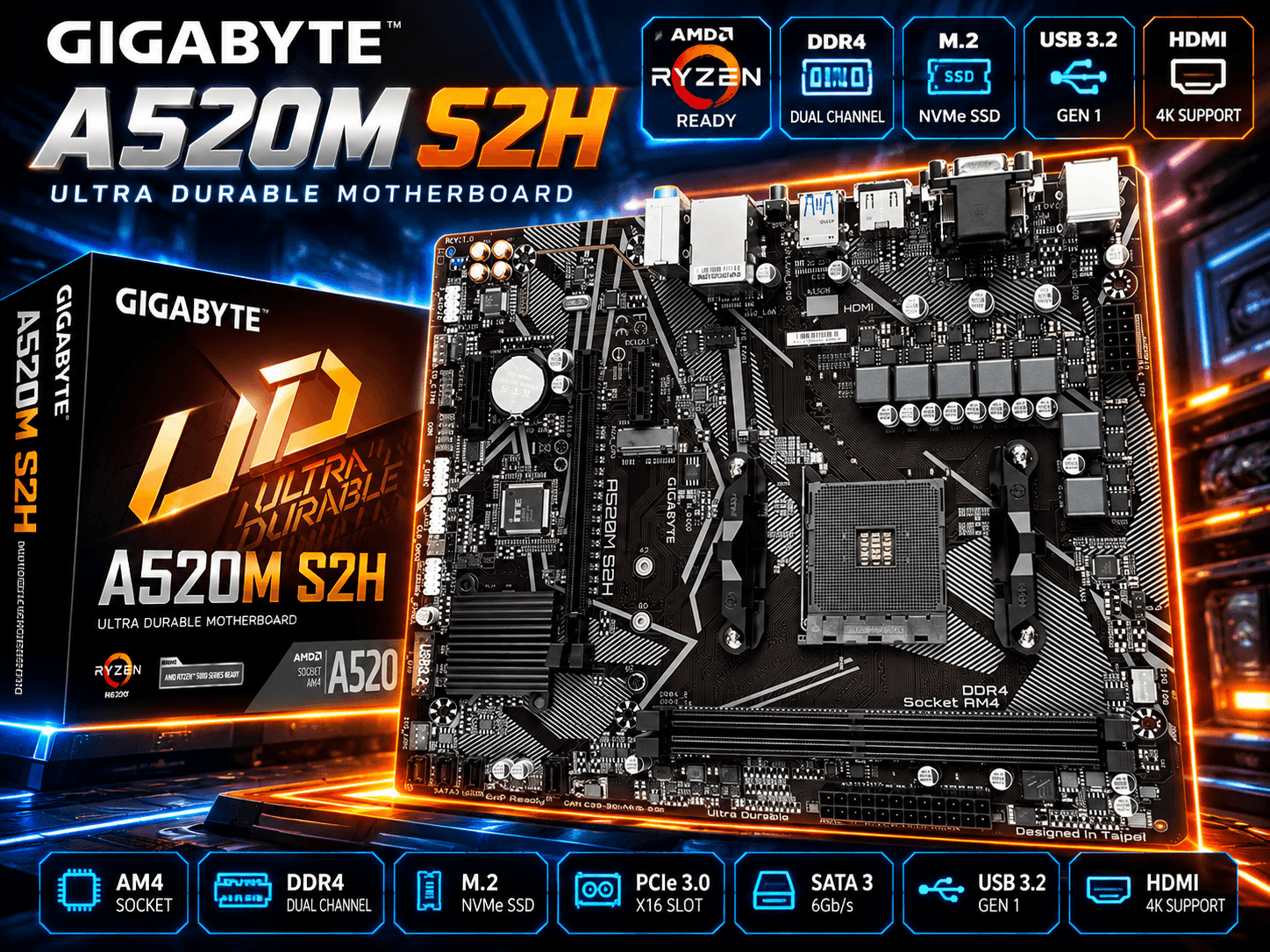 GIGABYTE A520M S2H AMD A520 Ultra Durable Motherboard