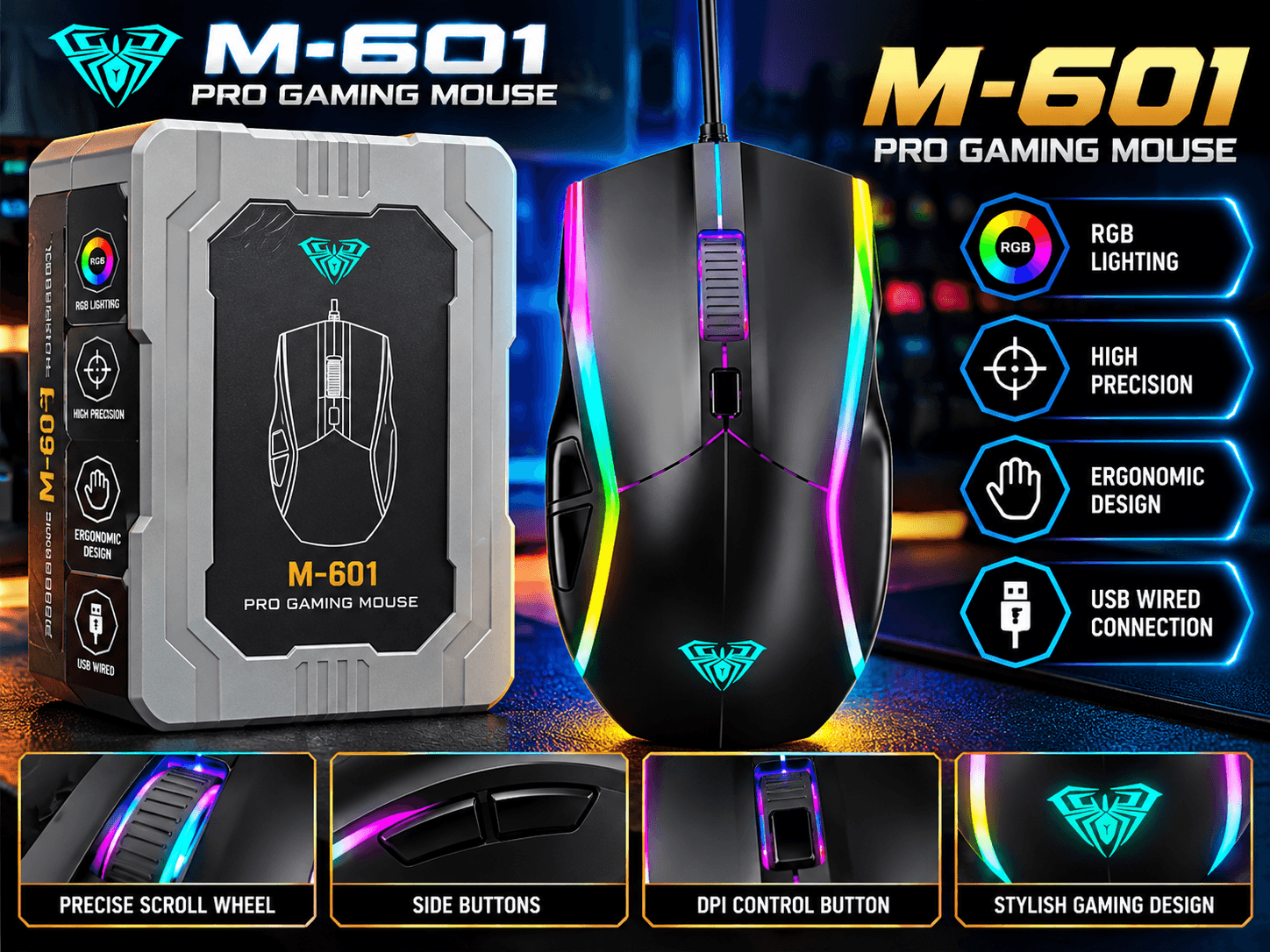 M-601 Pro Gaming Mouse – RGB Lighting & Precision Control
