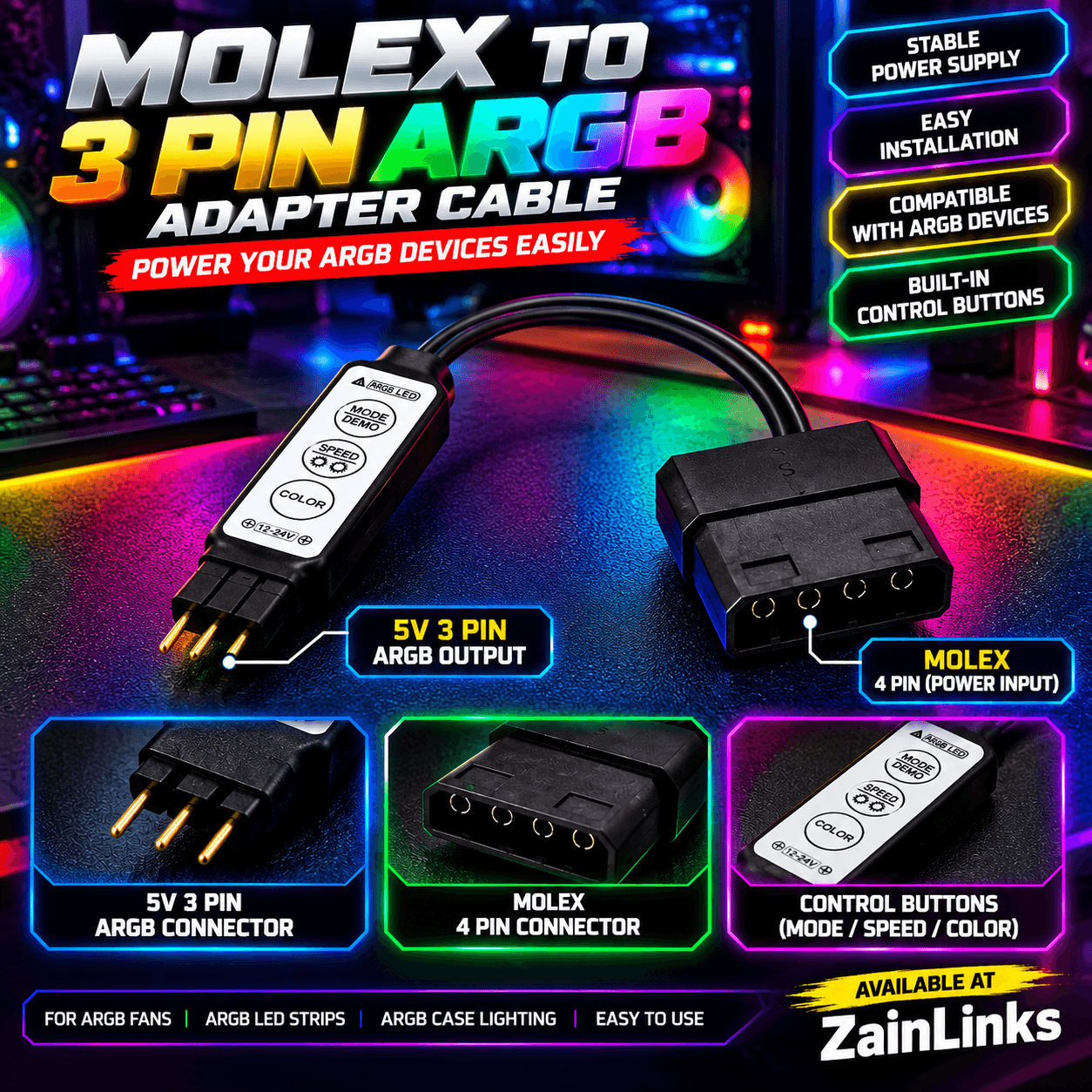 Molex to 4-Pin RGB Adapter Cable