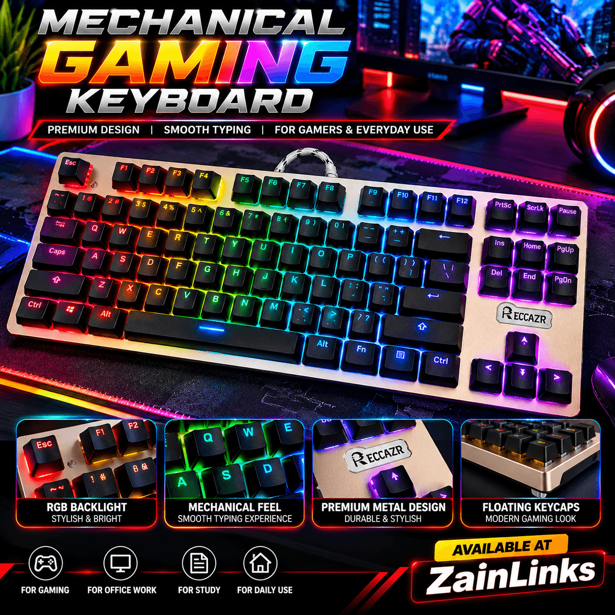 RECCAZR Mechanical-Style Gaming Keyboard – Premium Design