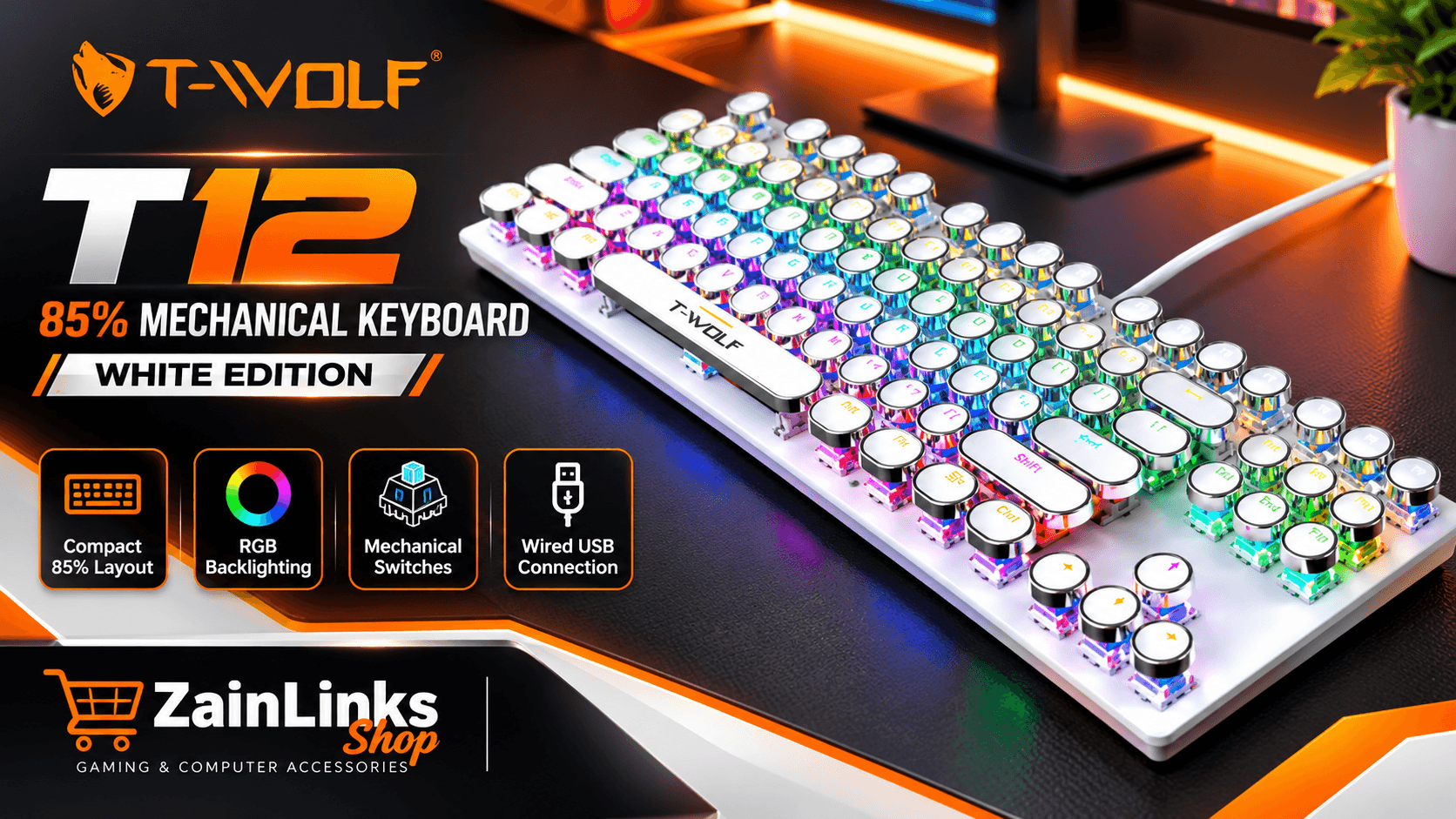 T-WOLF T12 White 85% RGB Mechanical Gaming Keyboard