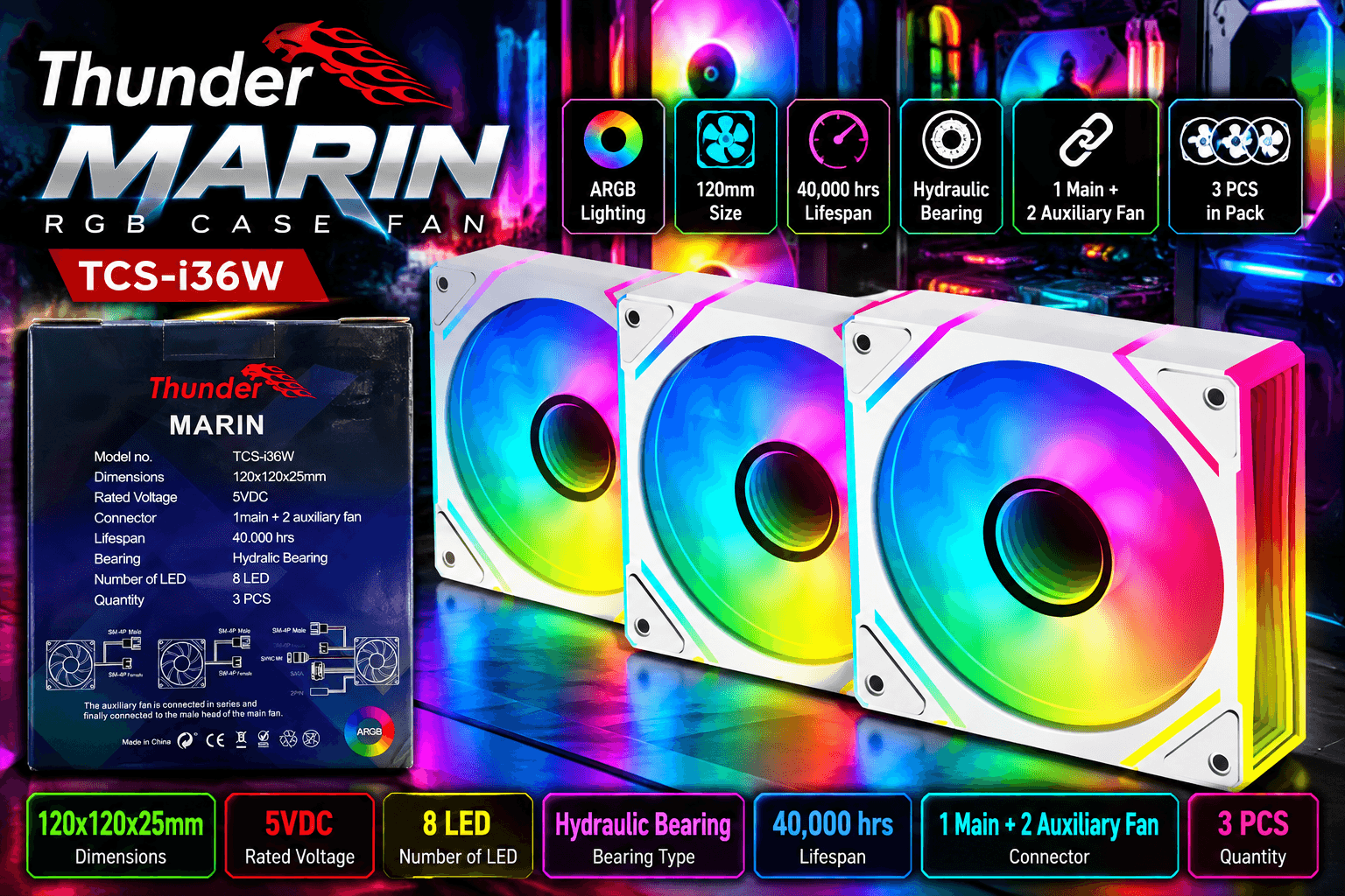 Thunder MARIN TCS-i36W White ARGB Case Fans – 3-Pack