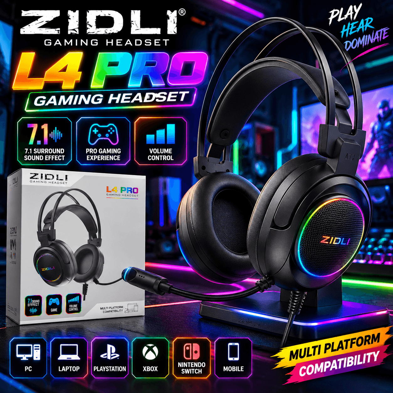ZiDLi L4 PRO RGB USB Gaming Headphones – 7.1 Surround Sound