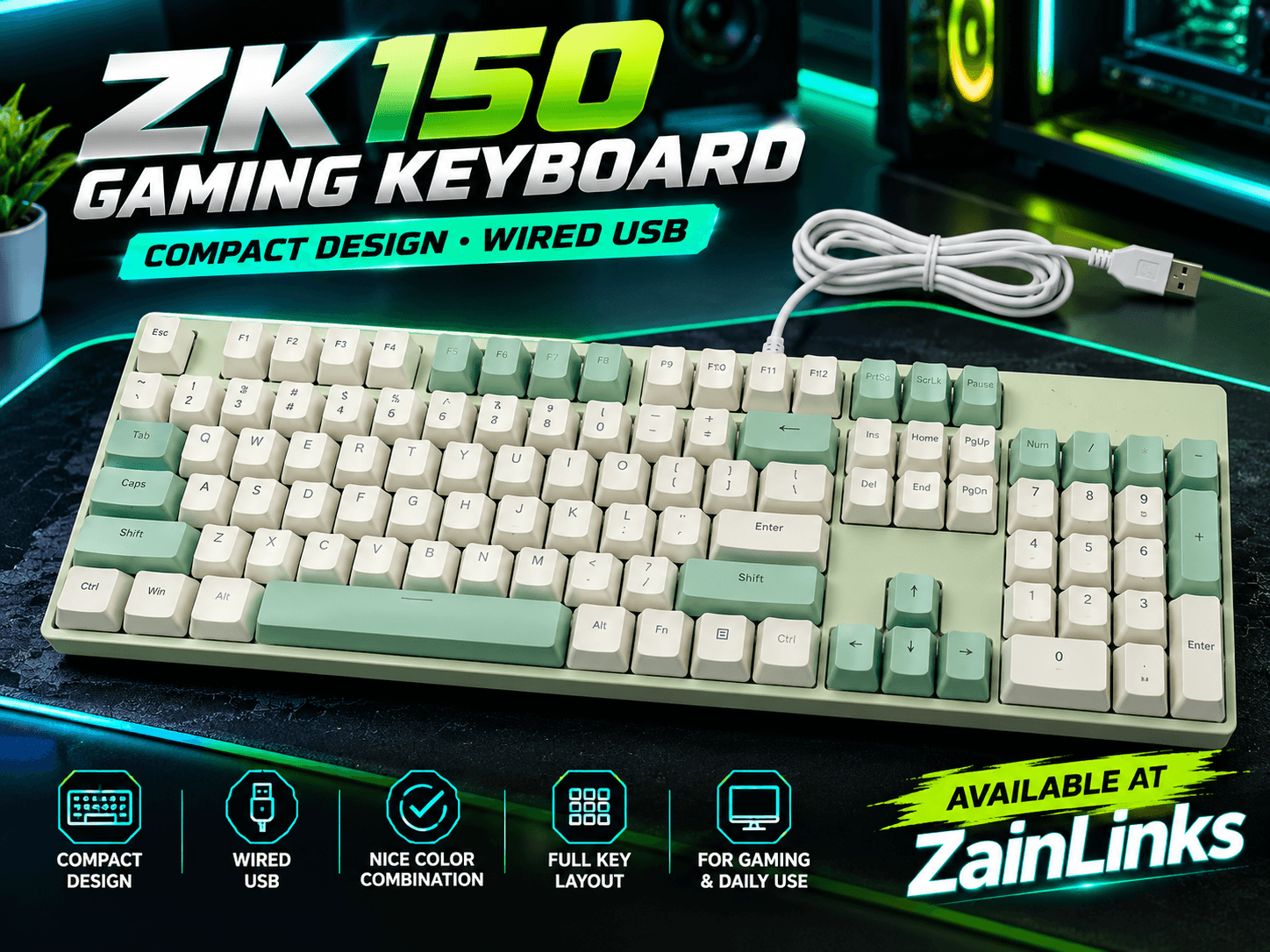 ZK150 Mint Green & Cream USB Keyboard